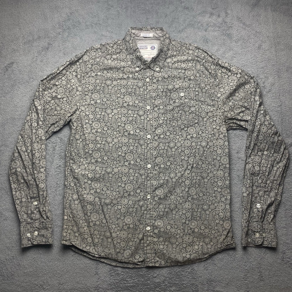 Artistry In Motion Mens Slim Fit Gray Paisley Floral Button Down Size Medium